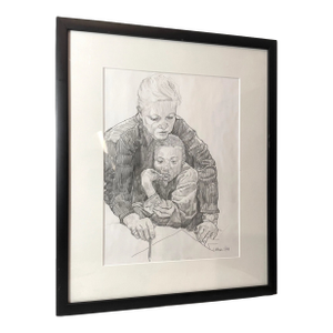 1990s Original Signed L Altman Figural Lady Boy Mother Child Realism Pencil Drawing