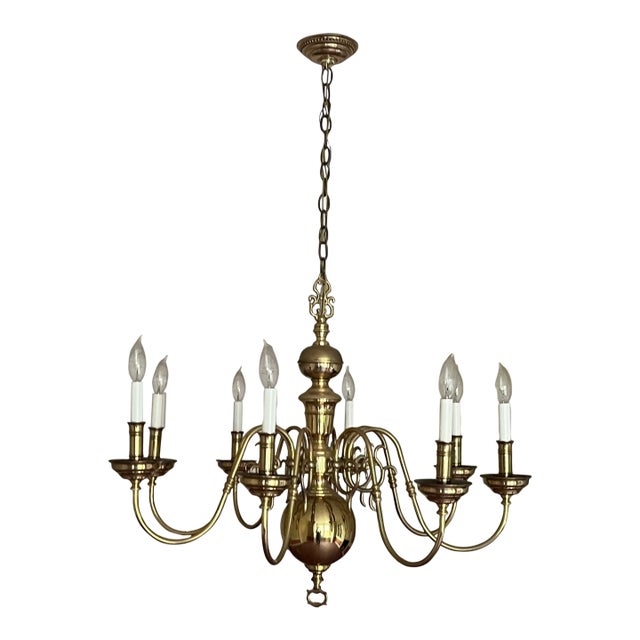 Late 20th Century Large Eight Light Brass Chandelier in the Dutch Queen Anne Style For Sale