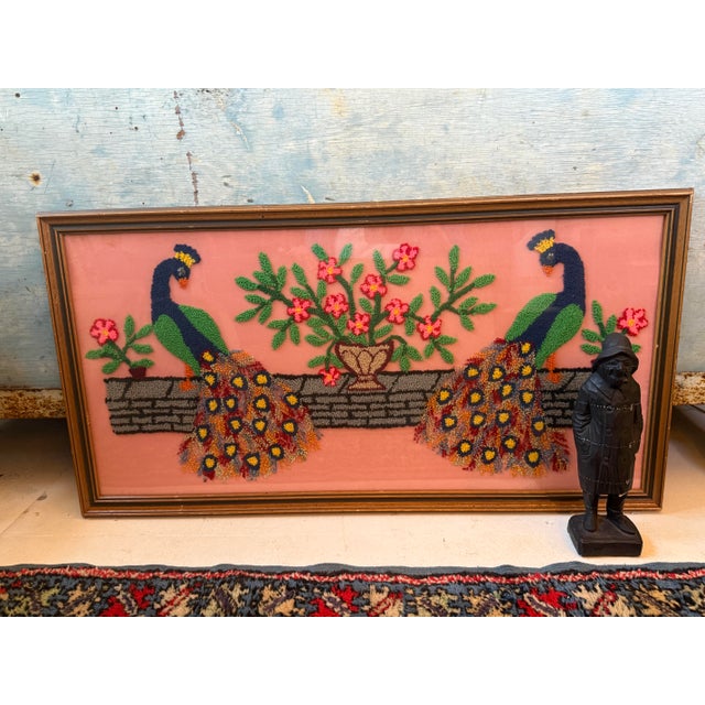 Late 20th Century Vintage Hand-Stitched Peacock Pair in Front of Pink Flowers - Loop Embroidery Framed Under Glass For Sale - Image 5 of 11