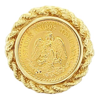 1945 Dos Pesos Gold Coin Ring with Rope Bezel, Size 9 For Sale