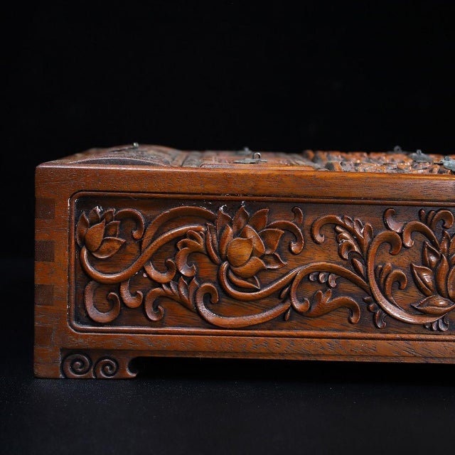 Vintage Chinese Hardwood Box | Carved Lotus Motif Ten-Drawer Storage Chest For Sale In Los Angeles - Image 6 of 9
