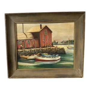 Vintage 1965 Framed Painting of Dinghys and Sailboat at the Lobster-Mans Shack in the Harbor