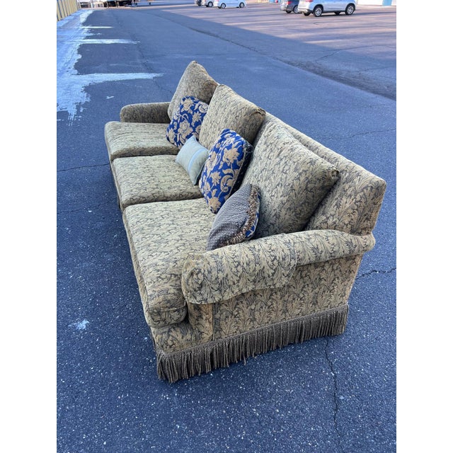 Vintage Custom Upholstered Traditional Rolled Arm Sofa With Decorative Pillows For Sale - Image 4 of 6