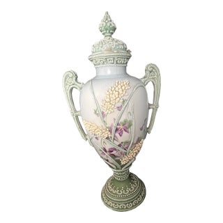 Antique Nippon Hand-Painted Moriage Covered Urn Vase – 13” For Sale
