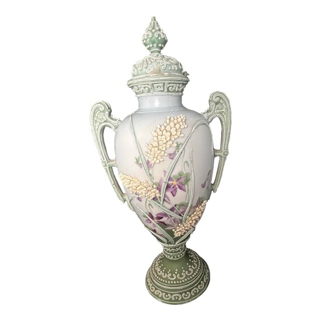 Antique Nippon Hand-Painted Moriage Covered Urn Vase – 13” For Sale