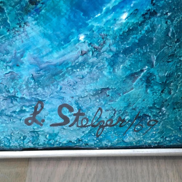 Mid-Century Modern Lorraine Stelzer, Turquoise Acrylic Resin Psychedelic Art Wall Sculpture Panel For Sale - Image 3 of 15