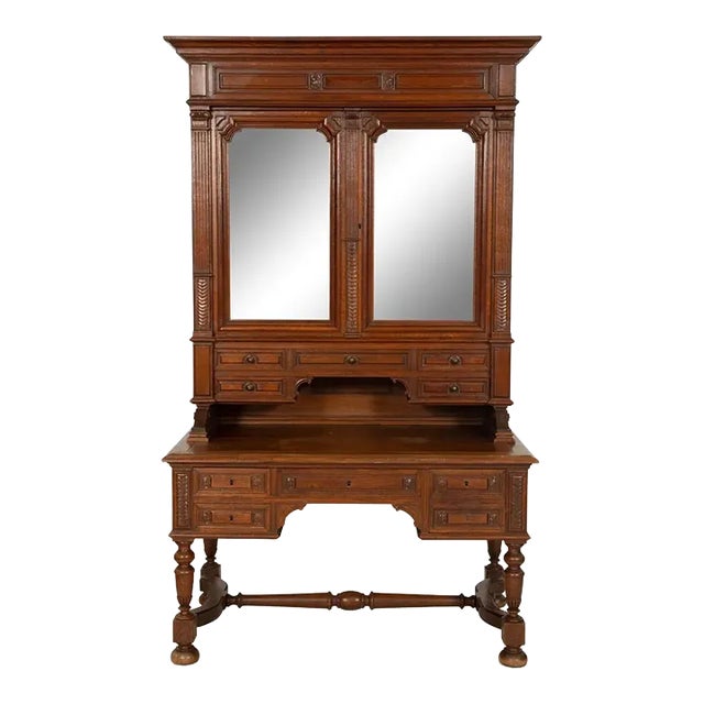 Late 19th Century Antique Large English Carved Oak Bureau Cabinet Bookcase For Sale