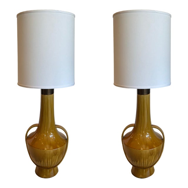Global Views Large Mid-Century Style Camel Glaze Lamps - Pair. For Sale