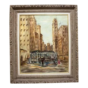 Charming European Painting - Street Scene Featuring a Trolley