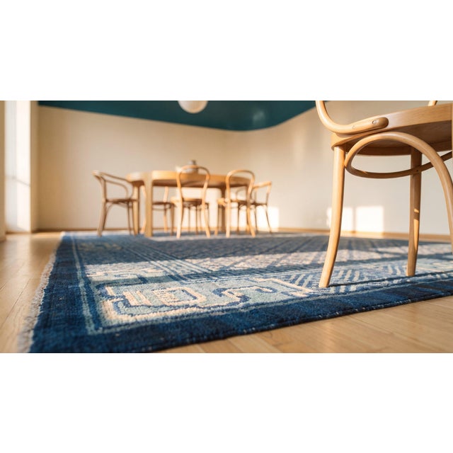 1920s Antique Square Blue Geometric Greek Key Chinese Baotou Wool Pile Rug For Sale - Image 11 of 12