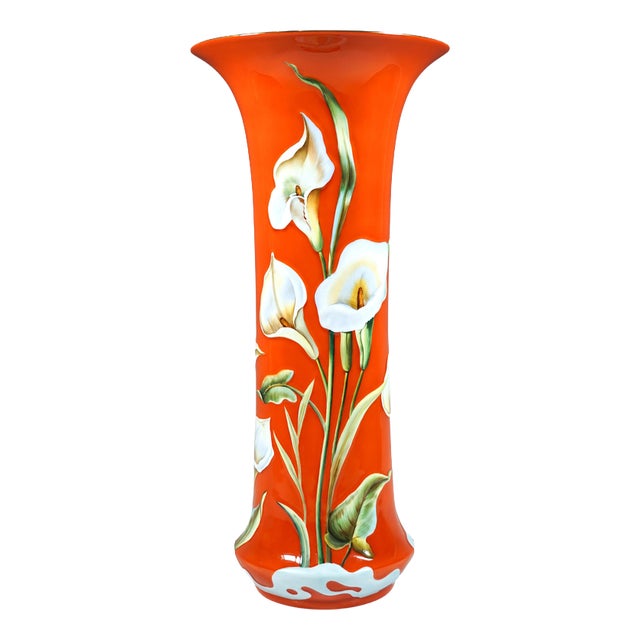 Large Mid-Century Orange Vase with Calla Lilies from Herend, Hungary For Sale