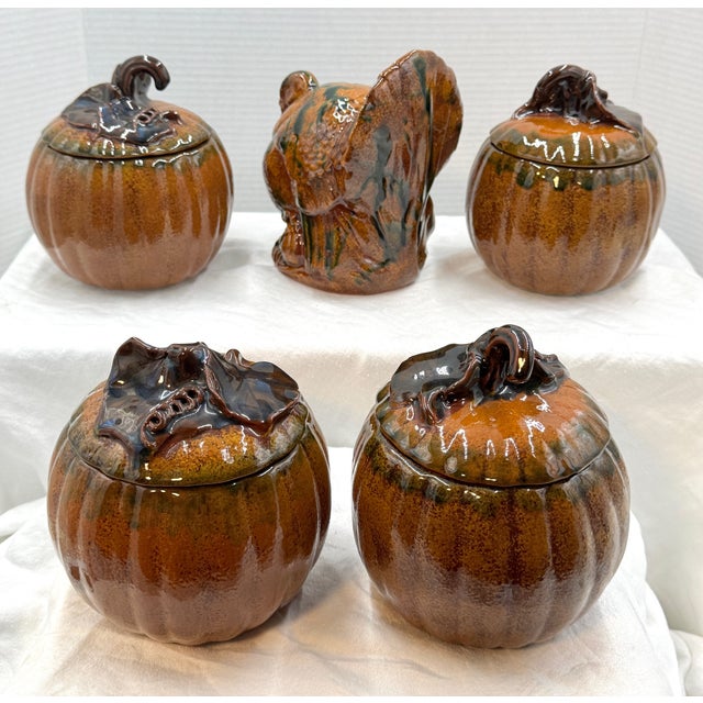 Early 2000s Ned Foltz Redware Thanksgiving Tabletop Set- Rare Turkey and Four Medium Lidded Pumpkin Bowls. All signed by...