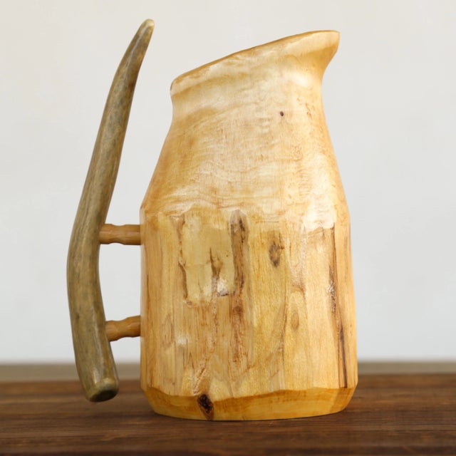 Cabin Rustic Handcarved Decorative Wooden Tankard With Antler Handle From Montana - Signed by Artisan 2005 For Sale - Image 3 of 13