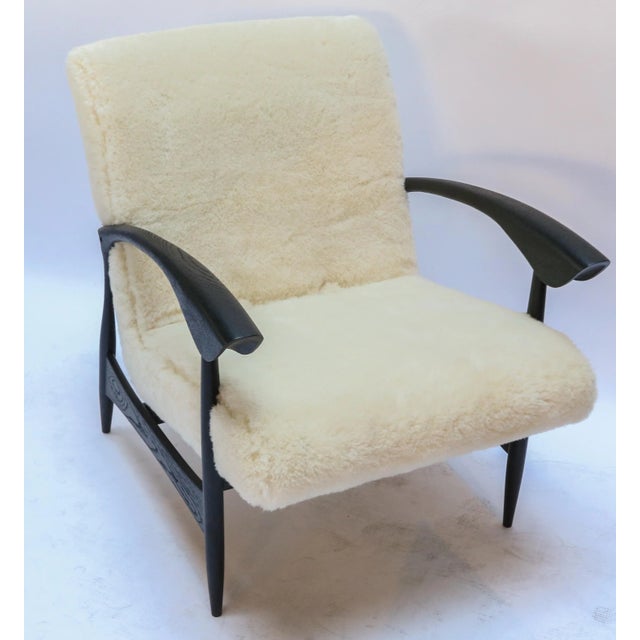 Mid-Century Modern Custom Black Matte Oak Armchairs in Ivory Wool - a Pair For Sale - Image 3 of 12