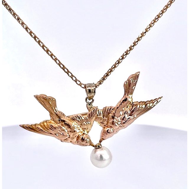 1950s Double Bird Brooch Pendant W/Pearl 14k For Sale - Image 4 of 9