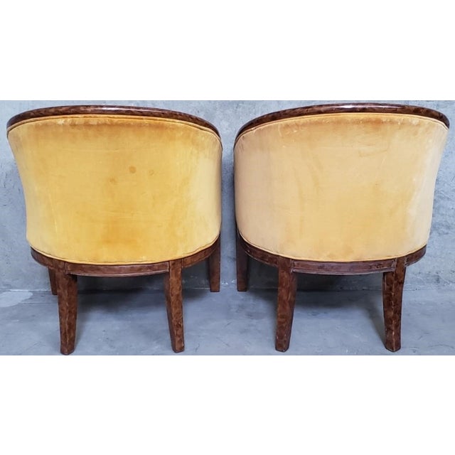 Pair of Vintage Art Deco Revival Hollywood Regency Barrel Back Lounge Chairs in Faux Tortoiseshell Finish For Sale In Los Angeles - Image 6 of 11