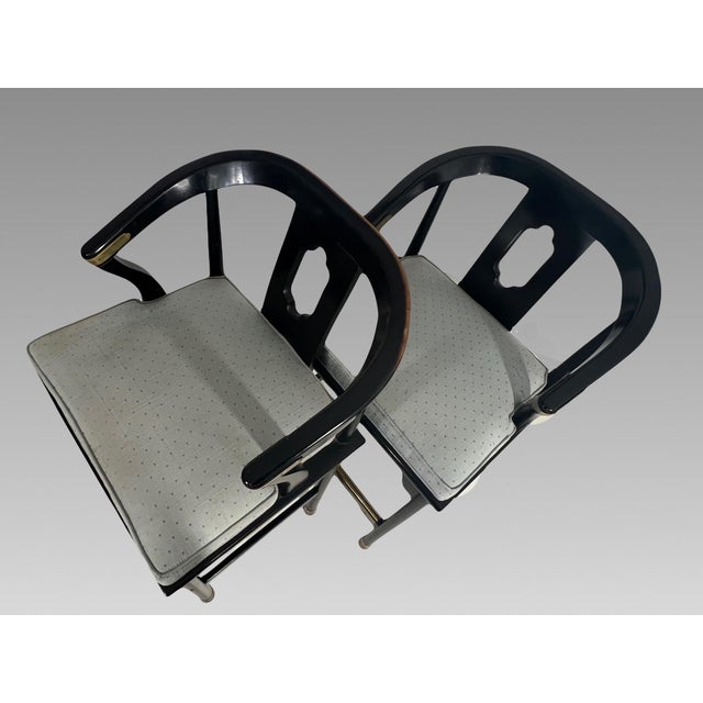 James Mont Black Lacquer 'Ming Style' Chinoiserie Bar Stools, With Brass Hardware - A Pair For Sale - Image 10 of 11