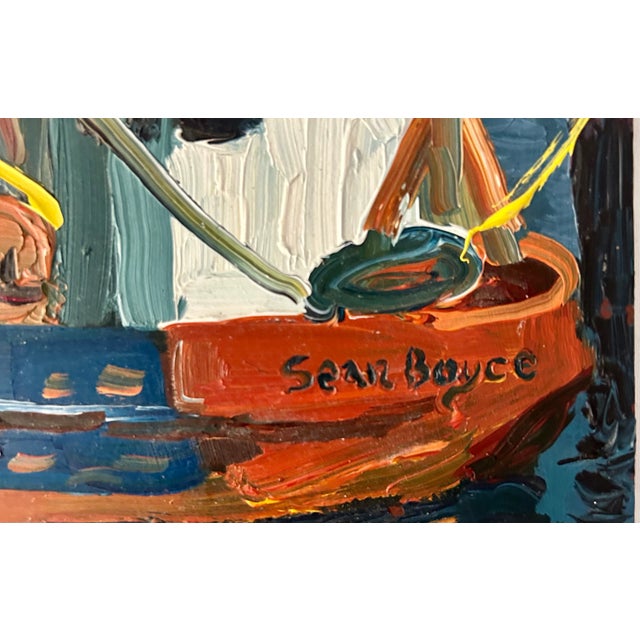 This original oil painting captures in colorful detail a ship named the Sean Byce at dock in a small harbor. Painted on...