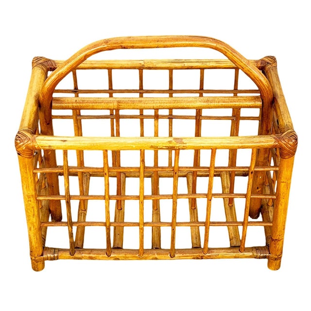 Restored Mid 20th Century Geometric Reed Rattan Pattern Rattan Magazine Rack For Sale - Image 4 of 9