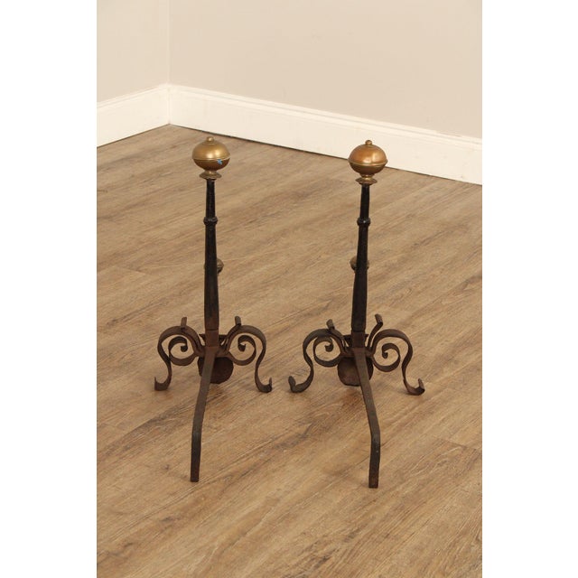 Antique Pair of Forged Iron and Brass Fireplace Andirons For Sale - Image 11 of 12