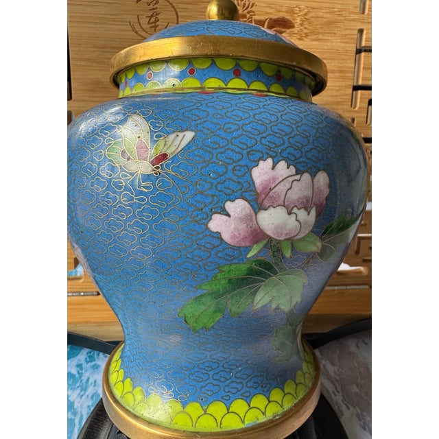 Vintage 1980s Chinese Cloisonné Peony Ginger Jar - 7" For Sale - Image 4 of 11