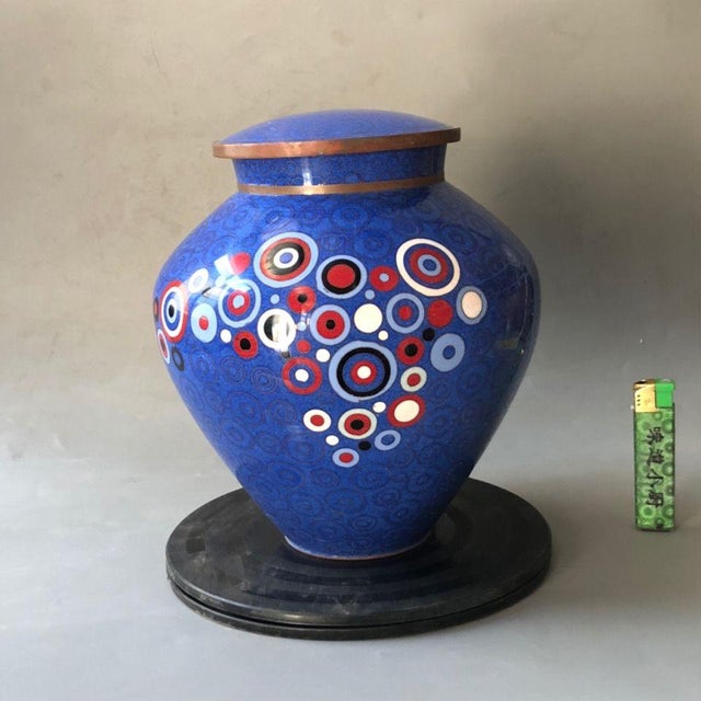 Mid 20th Century Vintage Cloisonné Enamel Geometric Polka Dot Lidded Jar / Tea Caddy For Sale - Image 5 of 9