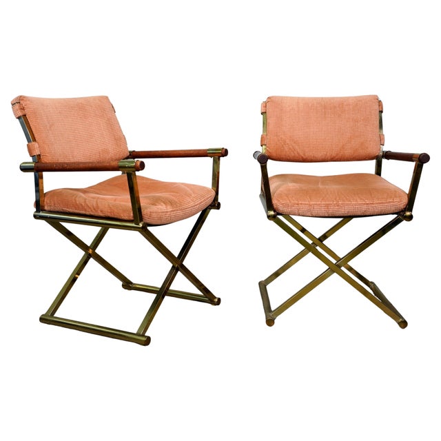 Pair of Milo Baughman Brass and Oak Directors Chairs For Sale - Image 10 of 12
