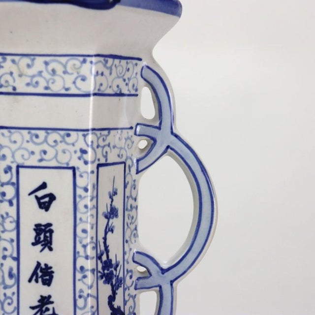 Early 20th Century Large Blue & White Chinese Floral & Figural Hand Painted Porcelain Faceted Vase For Sale - Image 4 of 6