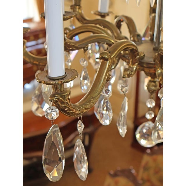 1950's Hollywood Regency French Style Brass & Crystal 12 Light Chandelier For Sale - Image 12 of 14