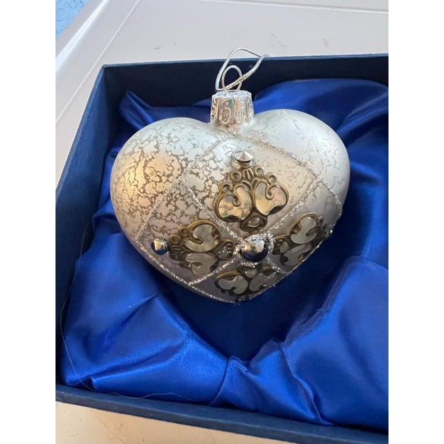 Glass 1980s Glass Heart Shaped Ornament With Silver Tones For Sale - Image 7 of 8
