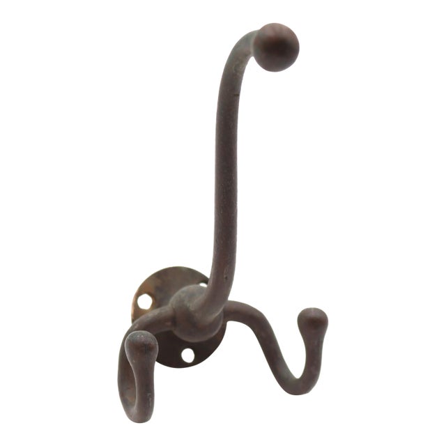 Vintage Dark Brass Triple Arm Coat & Hat Wall Hook For Sale