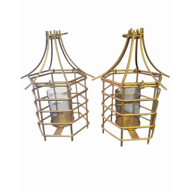 Gold Gilt Pagoda Chinoiserie Regency Large Iron Pillar Candle Holders- A Pair For Sale In West Palm - Image 6 of 7