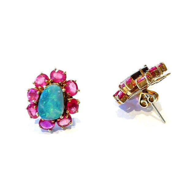 Late 20th Century Bochic “Capri” Vintage Opal & Multi Ruby Earrings Set In 18K Gold & Silver For Sale - Image 5 of 6