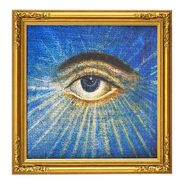 Framed Vintage Evil Eye Lovers Eye Hand Painted on Canvas Protection of Evil For Sale