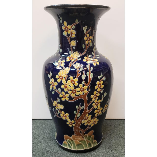 1970s Circa 1970 Chinese Fencai/Famille Rose Style on Cobalt Ground Porcelain Vase With Plum Blossoms For Sale - Image 5 of 9
