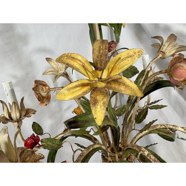 Vintage Tole 6-Light Chandelier With Flower Motif and Honest Patina For Sale - Image 15 of 18