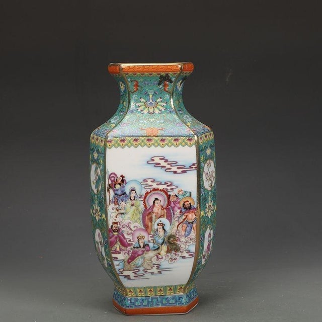 Mid 20th Century Famille Rose Hexagonal Porcelain Vase, Chinese Enameled Figural Scene Vase For Sale In New York - Image 6 of 9