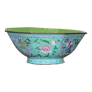 Large 9.5" Antique Octagonal Canton Enamel Cloisonne Bowl For Sale
