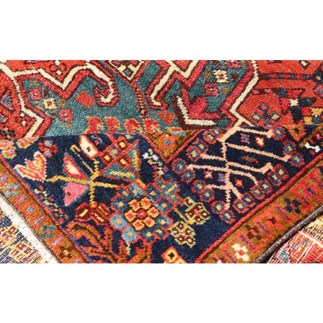 Antique Hand Knotted Geometric Persian Long Heriz Runner in Red, Blue and Teal 3'4 X 14'4 For Sale - Image 13 of 14