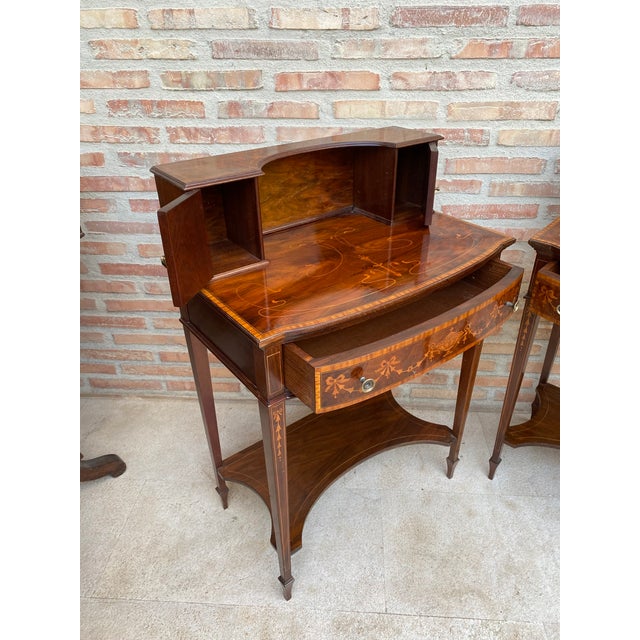 1940s Pair of Neoclassical Marquetry Bedside Tables With Drawers and Upper Compartment For Sale - Image 14 of 18