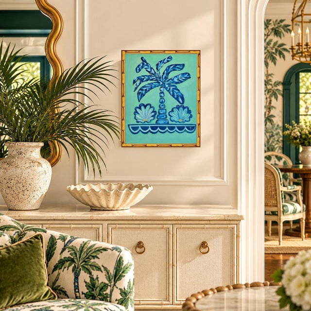 A framed original oil painting by Tatiana Duperault, signed by the artist. A stylized palm tree in cobalt and sky blue...