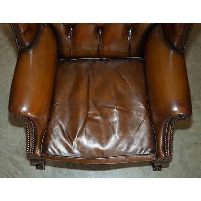 Vintage Pair of Chesterfield Chestnut Brown Leather Wingback Armchairs & Footstools For Sale - Image 9 of 18