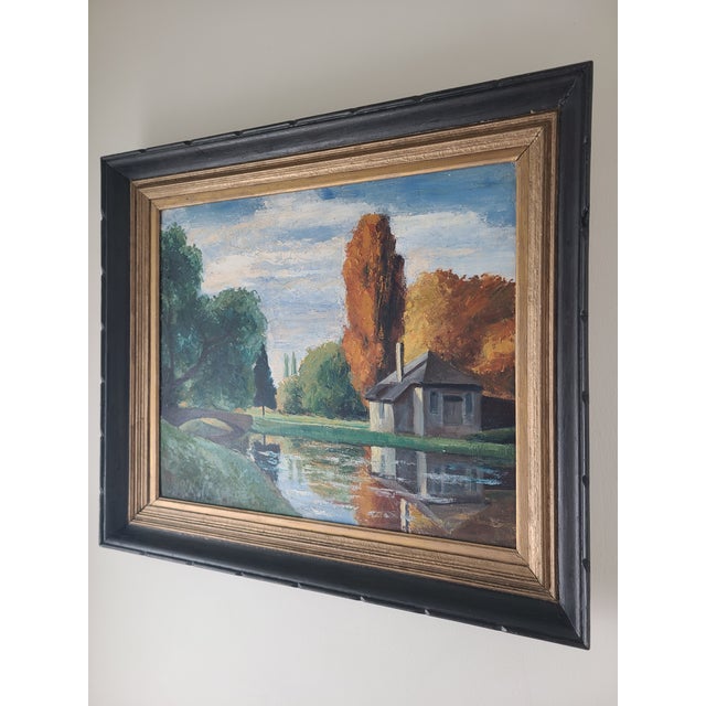 Original mid-century oil painting depicting a tranquil countryside landscape in Rambouillet, France. The medium is oil on...