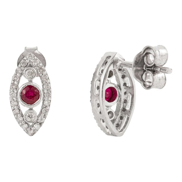 Art Deco Style Solid Silver Ruby & Diamond Marquise Stud Earrings- A Pair For Sale