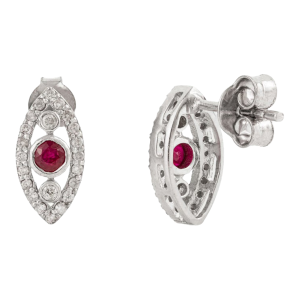 Art Deco Style Solid Silver Ruby & Diamond Marquise Stud Earrings- A Pair