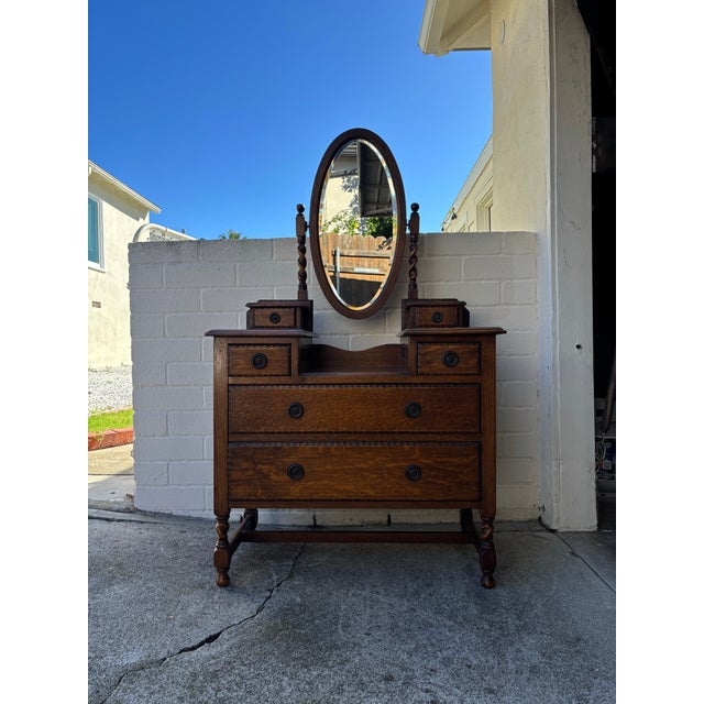 Brown Antique 1900s Tiger Oak Vanity / Dresser With a Swivel Mirror, Featuring Barley Twist Columns and Legs For Sale - Image 8 of 12