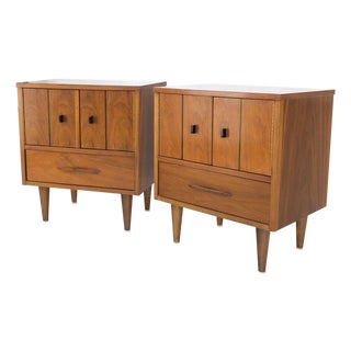 Light Walnut Double Door Compartment One Drawer Cone Tapered Legs End Tables For Sale