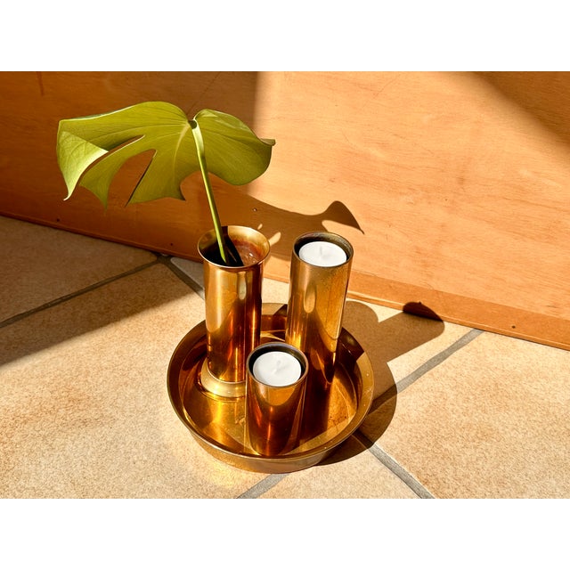 Metal Scandinavian Modern Candleholders with Vase & Tray in Brass from Ekte Norsk Odel, Norway, 1960s, Set of 4 For Sale - Image 7 of 15