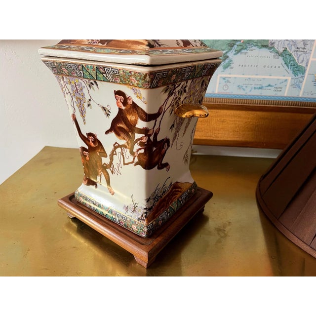 1950s Porcelain Monkeys Lamp & Shade For Sale - Image 9 of 18