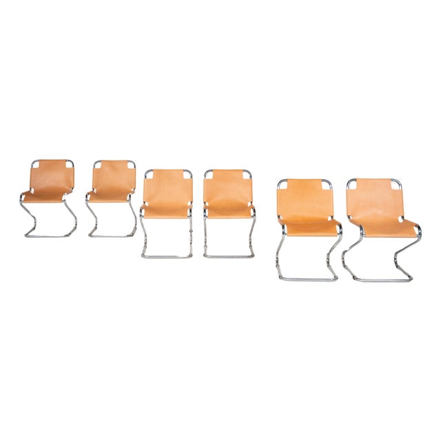 Mid-Century Modern Armchairs in Chrome and Leather, Italy, 1970s, Set of 6 For Sale